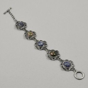 Vintage Cabochon Stones Bracelet in Silver Tone Filigree Setting w/ Toggle Clasp